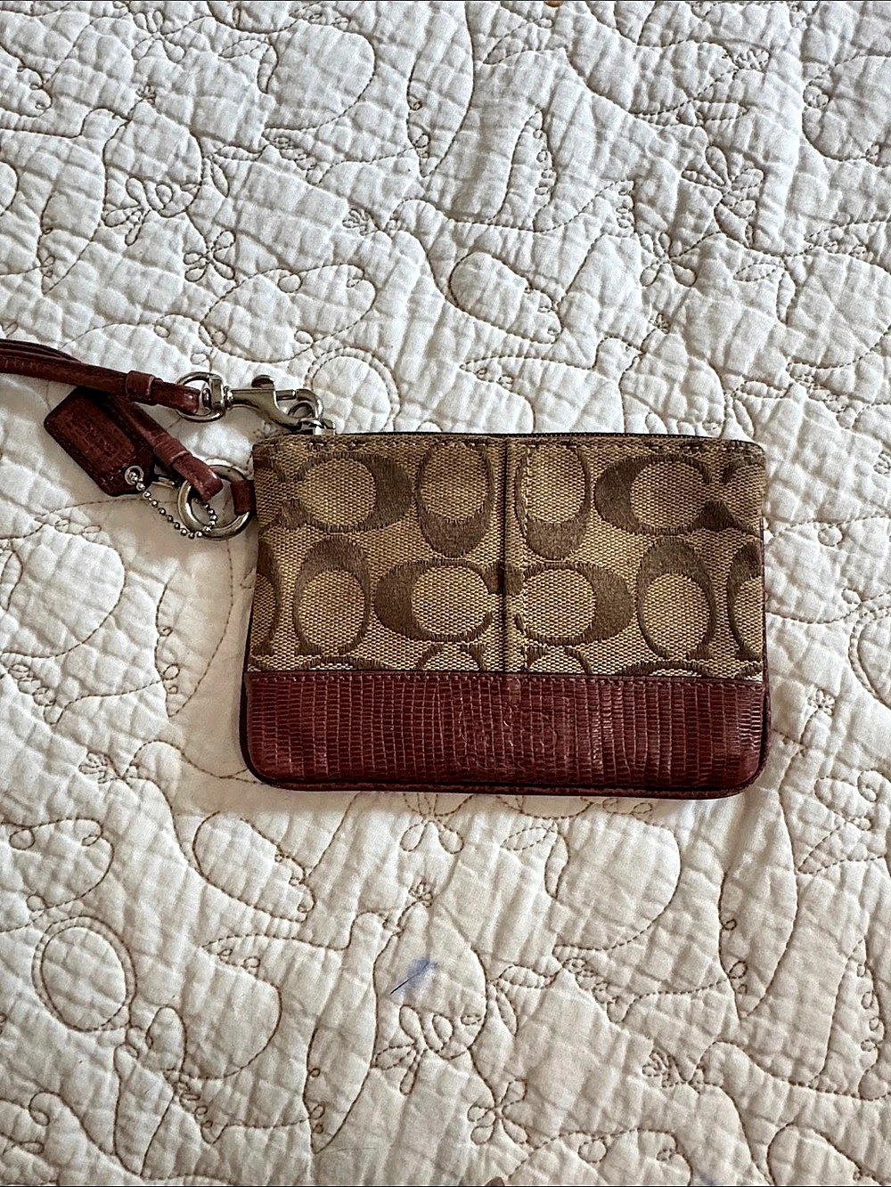 COACH Signature Wristlet in Brown & Tan